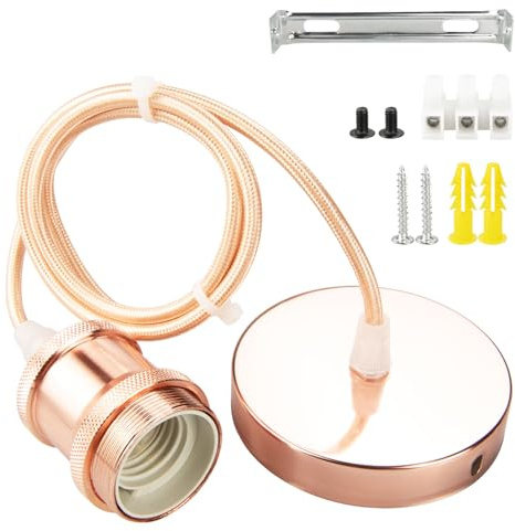 urcianow roséguld-takhänge med E27-uttag och 1 m justerbar brun twist-kabel lämplig för takrosetter (Ø 10 cm) perfekt för takbelysning, bar, café