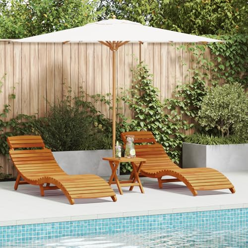 Makastle Sonnenliege 3-teiliges, aus Beistelltisch und 2 Liegestuhl Lounge-Set für Balkon, Terrasse und Pool, massivem Akazienholz 55 x 184 x 64 cm Brown