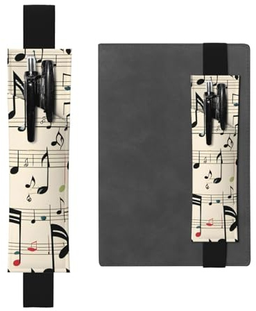 Schwarzes Leder-Stifthalter, Lesezeichen, HYTTER mit Musik, Notenschlüssel, bedruckt, verstellbares Gummiband, 21,1–4,6 cm, für Notizbücher, Tagebücher, Handbücher, Planer