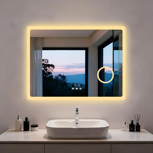 LUVODI badrumsspegel med belysning Bluetooth: 80 x 60 cm LED-spegel med 3-vägs sminkspegel och klocka, 3 ljusfärger justerbar badrumsspegel imfri minnesfunktion, väggspegel