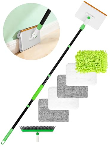 4-in-1 Strumento per Pulizia Battiscopa con Manico Estensibile Mop 5 Pad Riutilizzabili 1 Spazzola con Setole Rigide Rastrello Tappeti per Pulizia Battiscopa Tappeti Finestre Pareti Pavimenti Bagni