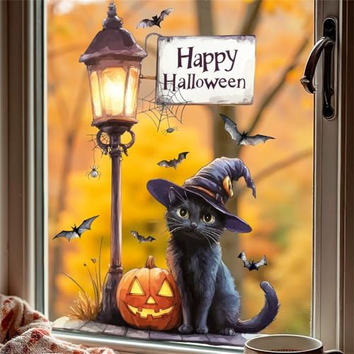 Fensterbilder Halloween Deko Fensterbilder Schwarze Katze, Kürbis, Straßenlaterne, Fledermaus Fensteraufkleber Selbstklebend Fenstersticker PVC Aufkleber für Fensterdekoc