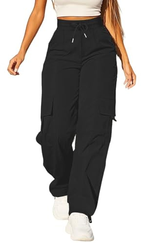Ladies Waterproof Trousers Solid Color Drawstring Elastic High Waist Straight Wide Leg Casual Pants, Outdoor Lightweight Hiking Jogging Camping Workwear with Multiple Pockets