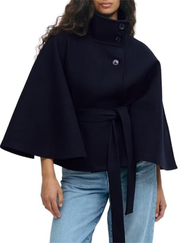 Poncho da donna con maniche a pipistrello, cappotto stile pavone, soprabito invernale corto, mantello con cintura a fascia, cappotto in lana per l'autunno con collo a camicia, Nero , S