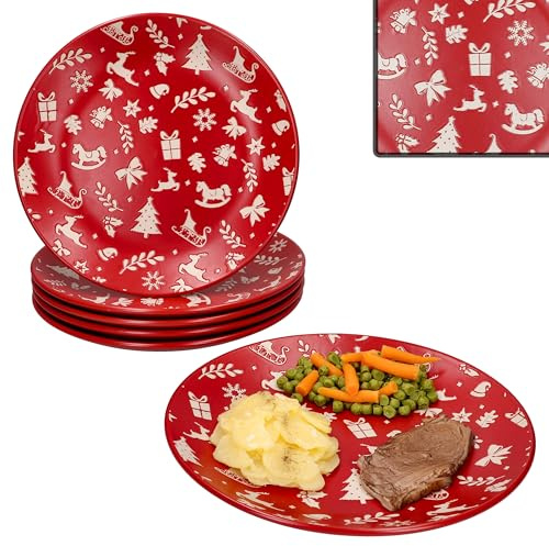 MamboCat 6er Set Advent Speiseteller I Ø27cm I Essteller aus Steingut in Rot mit Weihnachtsmotiven in Creme I winterliche große Platte für Weihnachten, Advent & Nikolaus