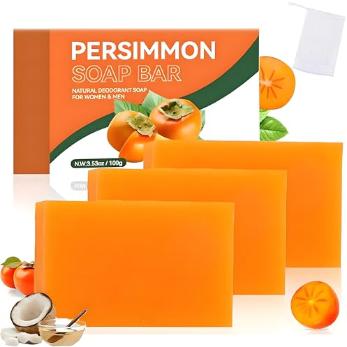 3 stycken persimmon tvål med extrakt av grönt te – handgjord Kaki vård mot kroppslukt för kvinnor och män – djuprengörande ansikts- och kroppstvål