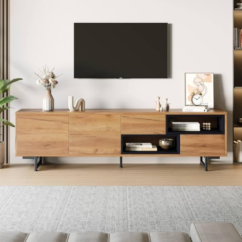 Generisch Mueble bajo para TV, tablero de partículas color madera, almacenamiento abierto con estantes escalonados, ofrece espacio para televisores de hasta 70 pulgadas, 173 x 38 x 48 cm