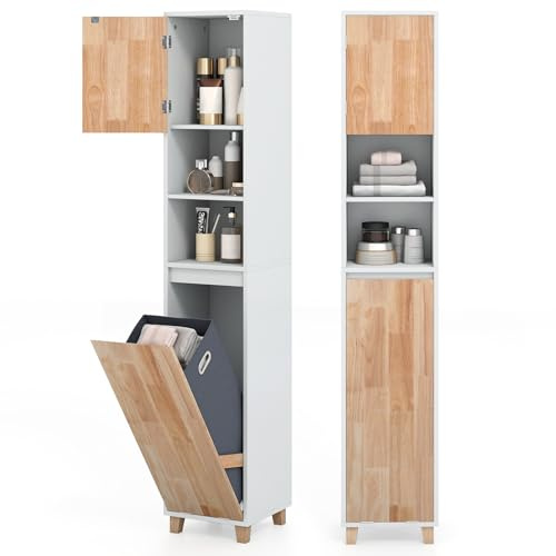 COSTWAY Bathroom Tall Cabinet with Tilt-Out Laundry Basket, Slim Bathroom Storage Unit with Rubber Wood Doors and Open Shelves, Freestanding Narrow Storage Cupboard Laundry Hamper Tower, 31x32x170cm