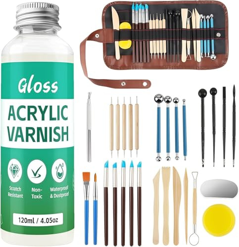120ml Air Dry Clay Glaze, 30-teiliges Tonglasur Werkzeug-Set | lufttrocknend, Modellierwerkzeug mit Aufbewahrungstasche, Töpferzubehör, Perfektes Töpfer Zubehör für Künstler und Anfänger