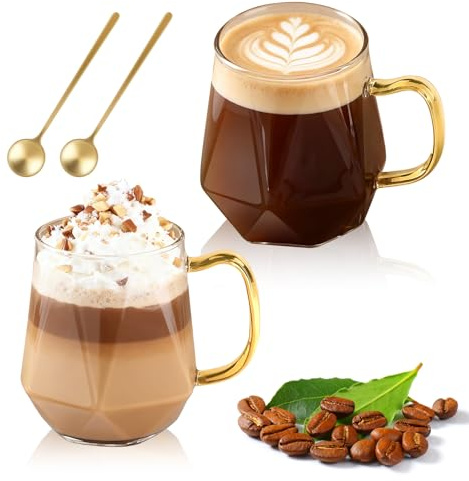 LOOFORE Kaffemuggar i glas, 350 ml, set med 2, glasmuggar för varma/kalla drycker med handtag och sked, borsilikat värmebeständiga koppar för cappuccino, latte macchiato espresso