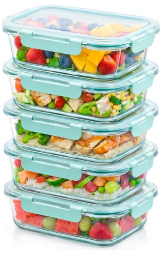 Innoteck 5 Pack 1040ml Glass Containers with Lids, Lunch Box Meal Prep Set | Borosilicate meal prep containers with airtight leakproof locking lids, dishwasher safe for food storage and leftovers.