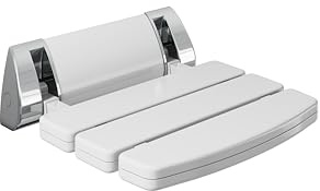 Flode Wall Mounted Shower Seat – Gloss White Folding Shower Seat with Chrome Supports Space Saving Shower Chair for Disabled Elderly & Accessible Wet Rooms