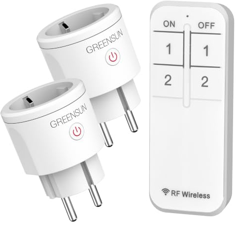 GreenSun Enchufes inalámbricos con mando a distancia, enchufe con mando a distancia, enchufe controlado por radio, enchufe simple Smart Home, enchufe teledirigido, RF, inalámbrico, remoto, 30 m, 2