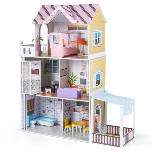 FANTASK Holz Puppenhaus ab 3 Jahren, 3 Etagen Puppenvilla mit Balkon, Terrasse & 16 Möbelstücken, Große Traumvilla für Mädchen & Jungen, 102 x 34 x 120,5 cm