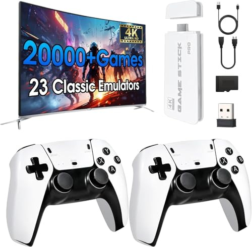 Upgrade Retro Konsole, Game Stick mit 20.000+ Klassikern, 2 Controller & Plug & Play HDMI für TV, Geschenkidee für Familie und Erwachsene (Weiß-Pro)