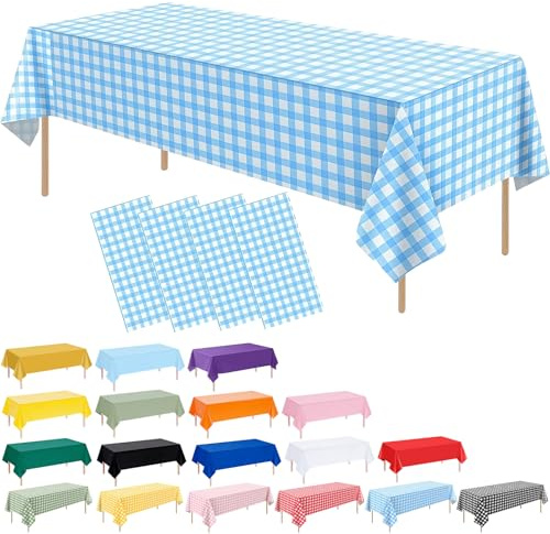 4 Pack Blue Gingham Disposable Plastic Table Cloths, 137 x 274 cm PEVA Checkered Tablecloths for Rectangle Tables, Waterproof Wipe Clean Party Table Covers for Picnic BBQ Birthday