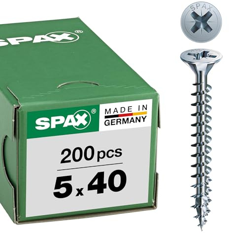 SPAX Universalschraube, 5,0 x 40 mm, 200 Stück, Kreuzschlitz Z2, Senkkopf, Vollgewinde, 4CUT, WIROX A3J, 1081010500403 Blank Verzinkt
