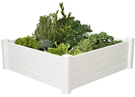 NuVue Products 26001 Premium Outdoor Raised Garden Bed for Growing Edible Plants and Flowers, BPA-Free Woodgrain Panel Elevated Planter Box, 48” L x 48” W x 15” H, White