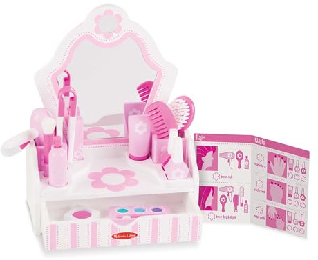 Melissa & Doug Wooden Beauty Salon Play Set, 18-Piece Vanity with Pretend Play Toys, Makeup, Mirror, Accessories & More, Preschool Toys for Girls & Boys Ages 3+ - FSC Certified