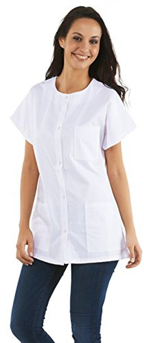 KODAMA - Tunique Médicale Femme Col Rond -Blanche, Manche Courte- Blouse Professionnel Boutons Pression – Facile d'entretien (Taille 2 - M - 42/44)