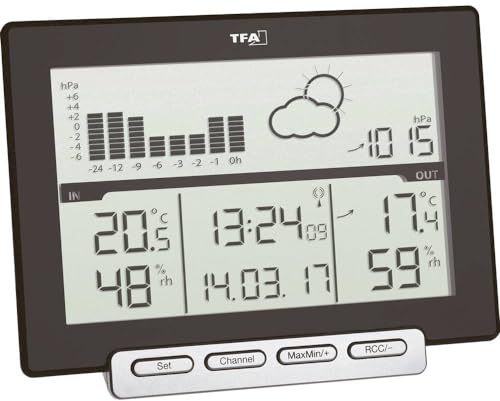 TFA Dostmann Meteo Sens Digitale Funk-Wetterstation, 35.1139.01, mit Thermo-HygroAußensender, mit Wettervorhersage und Luftdruckverlauf, Luftfeuchtigkeitsmesser, Temperatur, inkl Funkuhr, schwarz