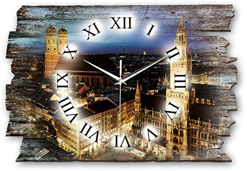 Kreative Feder Designer Wanduhr München Skyline aus Holz Größe 40x27cm - Wanduhr im Landhaus-Stil Shabby-Style Made in Germany leise ohne Ticken (München, leises Quarzuhrwerk)