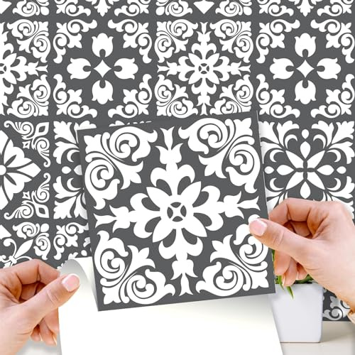 WALPLUS 48 Pcs 15cm Dark Grey Spanish Renaissance Tile Stickers – Peel & Stick Self-Adhesive Backsplash Decals for Kitchen, Bathroom & Home DIY