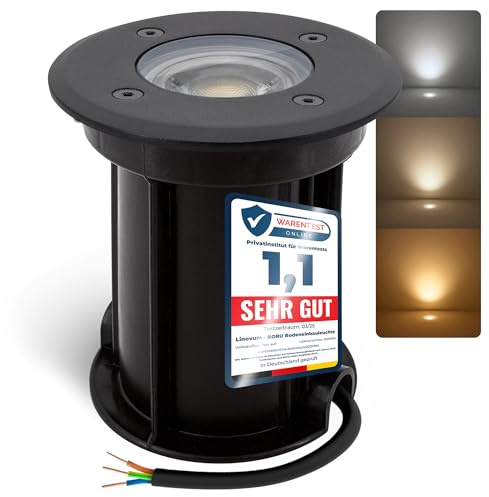 linovum BORU Bodeneinbaustrahler IP67 für Aussen in schwarz inkl. LED GU10 6W drei einstellbaren Lichtfarben 3CCT 230V - befahrbarer Bodenspot mit Kabel