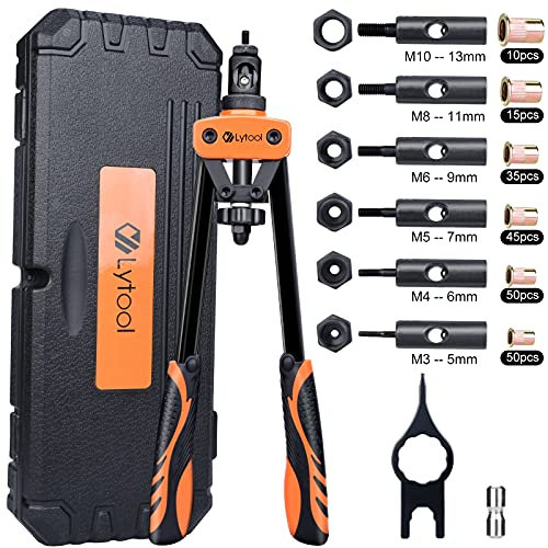 Lytool Rivnut Tool Kit, 14 Rivet Nut Tool with 205pcs Nuts Heavy Duty Rivet Gun M3 M4 M5 M6 M8 M10 6 Mandrels Rivet Nut Gun Rivet Tool Professional Hand Rivet Setter