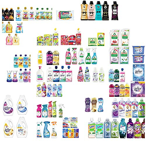 10tlg. Überraschungs-Haushalt-Mix-Set: Weichspüler Waschmittel Farbfänger Duftperlen Duftsäckchen Duftspray Putz-Utensilien Gallseife WC-Haushaltsreiniger inkl. Sisal Bag