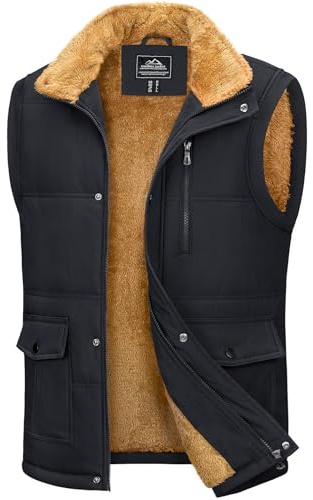 MAGCOMSEN Men's Warm Winter Outdoor Padded Puffer Vest - Fur Lined, Thick Fleece Sleeveless Hunting Jacket - Black XL
