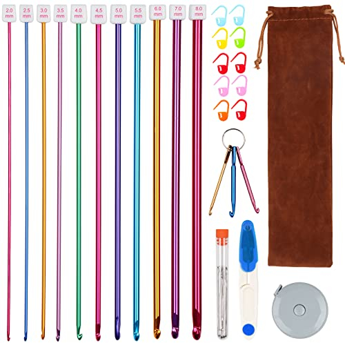 Coopay Tunesische Häkelnadel Set, 11 Stück Aluminium Tunesische Häkelnadeln mit Häkelzubehör & Tasche, 2,0-8,0mm Afghanische Häkelnadeln Set für Anfänger Erwachsene, Afghan Häkelnadel Strickwerkzeug