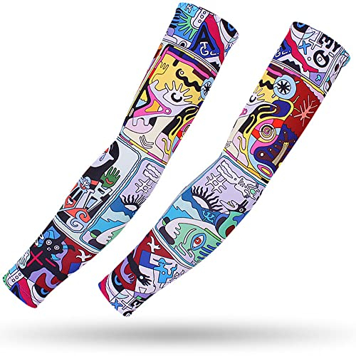 DETUCK Tattoo Arm Ärmel Ärmlinge, Armwärmer Sleeves UV Sonnenschutz Armstulpen, Arm Sleeves Kühlung UPF 50+, Kompressions Tattoo Cover Armstulpen (ein Paar) (Farbige Malerei, L)