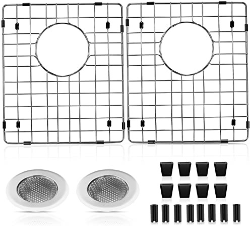 2 Pack Sink Protectors for Kitchen Sink W/Center Drain Hole,15x12x1.25 304 Stainless Steel Sink Grid Protection,Sink Grate Sink Rack for Bottom of Sink w/ 2Pack Sink Strainers