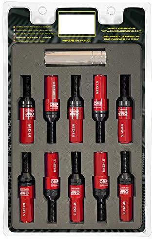 OMP SPEED Set 20 schwarze Radschrauben mit M12X1,5 metrisch 17-19 lang 28MM Gewindeschlüssel mit rotem Aluminiumschutz 7075 + DIN 12,9