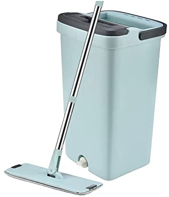 KOKSI Flat Mop and Squeeze Bucket Set for Dry and Wet Cleaning - Ideal for Tiles, Laminate, Hardwood Floor - Long Handle, Easy to Use with Microfiber