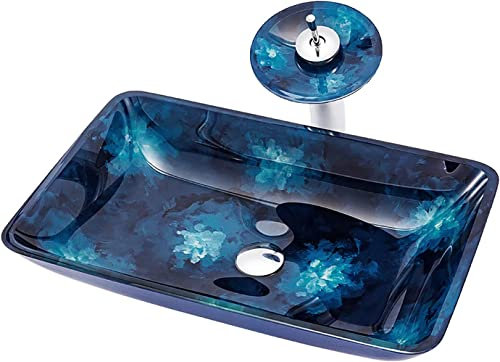lavamanos sobre encimera Cuenco De Fregadero De Encimera Rectangular, Cuenco De Lavabo De Tocador De Vidrio Templado, Fregadero De Encimera, Fregadero De Cuenco De Recipiente Artesanal Pintado A Mano