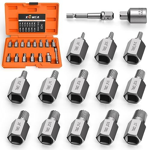 XEWEA Lot de 15 extracteurs de vis améliorés, 9,5 mm à cannelures multiples, kit de retrait facile de boulons dénudés, matériau CR-MO pour enlever les vis, boulons, goujons rouillés cassés