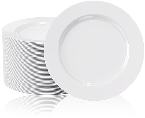 FOCUSLINE 100 Count White Plastic Plates 10 Inch, Disposable Heavy Duty Dinner Plates- Premium Hard Plastic Plates Fancy Disposable White Plates for Weddings, Parties and Events