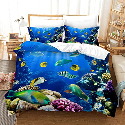 3D mer Animaux literie Set,Dauphin,Poisson Tropical,Corail,Vie Marine Housse de Couette,Bleu Monde sous-Marin Housse de Couette pour Enfants(C, 135 x 200 cm)