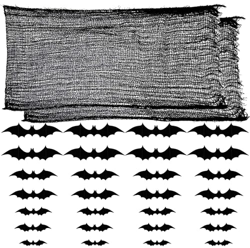 INGJIA 2Pcs Gaze d'halloween 0.76 x 1.83M Super Taille Creepy Noir Tissu, avec 28 Chauves-Souris 3D, Halloween Horreur Décoratif Rideau d'horreur de Fête pour Gaze Spooky Maison hantées Decor