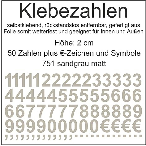 Aufkleber Sticker Klebezahlen Klebezahl Zahlen Zahl Nummern aus Folie 50 Zahlen grau sandgrau matt Höhe 2 cm selbstklebend wetterfest Nummerierung Preisauszeichnung Beschriftung Modellbau verzieren