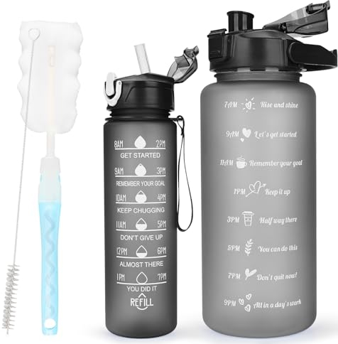 CodiCile 2 Pack Water Bottle BPA Free, 2 Liters Water Bottle & 750ml Bottle with Straw, Motivational Canteen Bottle with Time Marking,Leakproof Large Sport Drink Bottle for Women Men