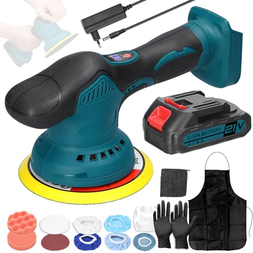 Pulidora Coche, Weytoll Máquina de Pulir Inalámbrica de 21 V, 2800-5500r/min, 6 Velocidades Ajustables, Diámetro del Chasis 6 Pulgadas, para Encerado de Metales, Pulido de Madera, etc