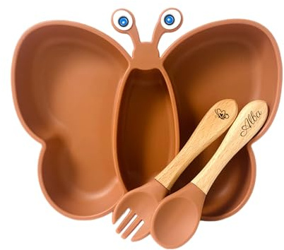 Ensemble repas pour enfant en papillon ocre avec assiette à ventouse, couverts personnalisés - Idéal pour baptême, naissance et anniversaire - Cadeau original pour bébé - Kit coffret diner pratique