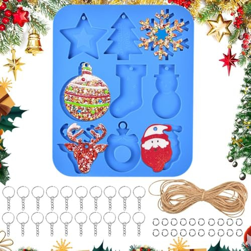 LPAMABA Resin Ornament Molds Weihnachten Silikon Gießform Weihnachten Harz Resin Formen Charms Anhänger Schneeflocke Weihnachtsbaum Silikon mit Schlüsselbund Knöpfe Hanfseil