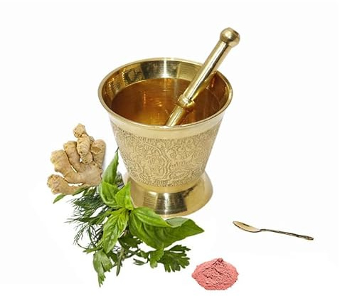 BRACOP® Mörser und Stößel aus Messing, Hamam Dasta, Küchenhelfer, Kräuterzerkleinerer, Gewürzmühle, Schüssel, Molcajete Kochutensilien, Mörser Stößel 2er-Set für Kräuter, Pillen und Gewürze Knoblauch