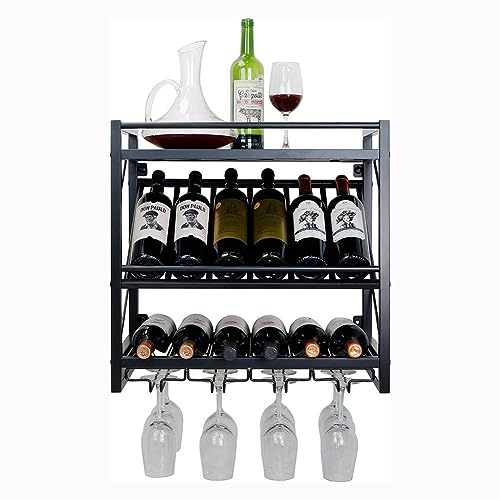 Weinregal An der Wand montiertes Weinregal mit kippbarem Präsentationsregal, 3-stufige Regale mit Stielglashalter zur Aufbewahrung von Weinflaschen, für die Dekoration von Küche, Wohnzimmer, Café und
