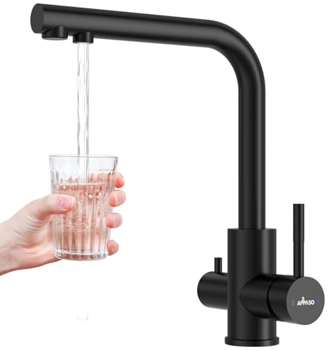 APPASO Grifo de cocina de 3 vías, color negro, grifo mezclador 3 en 1 para filtro de agua, giratorio 360°, 2 palancas, grifo de agua potable de acero inoxidable de tres vías