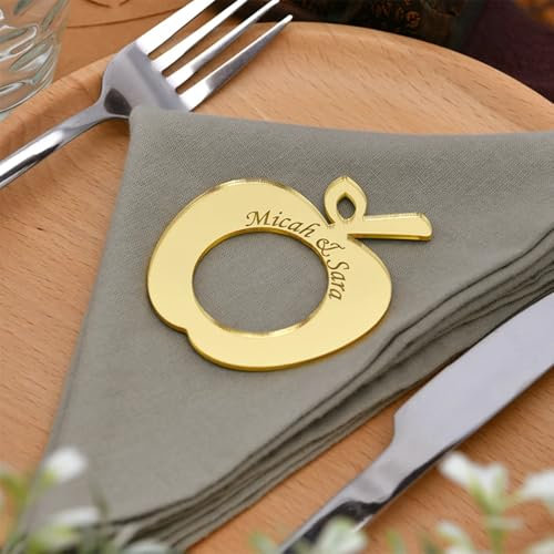 Personalisierte Spiegel-Acryl-Etiketten für Hochzeit, personalisierte goldene Apfelförmige Serviettenringe, TischnamenPlatzhalter, personalisierte Anhänger für Geschenke, Hochzeitsgeschenke, Taufe,